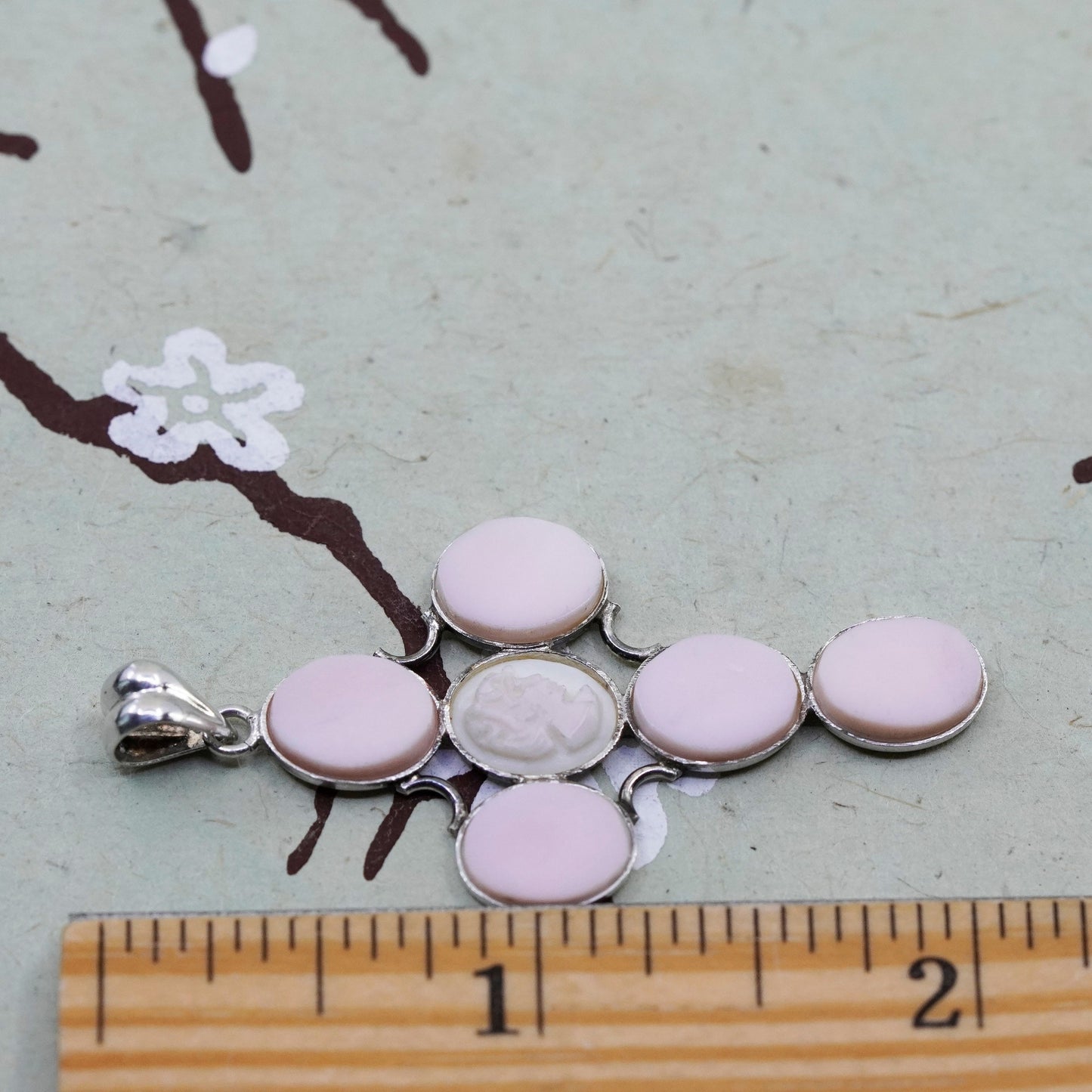 Italy sterling 925 silver handmade cross pendant w/ pink cameo mother of pearl