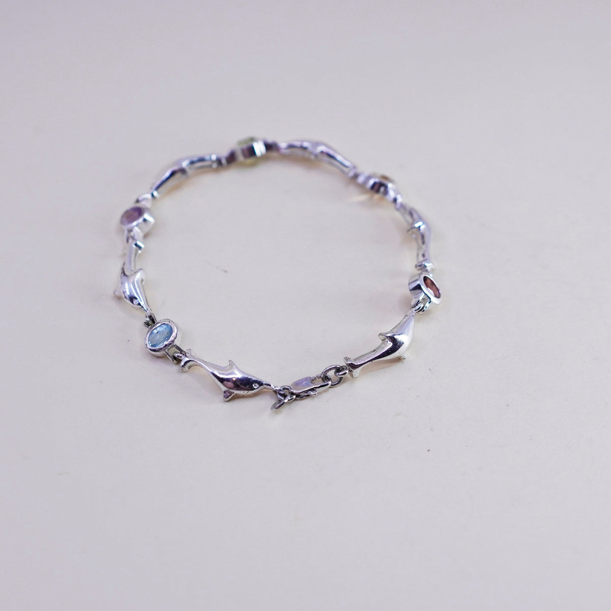 7”, Sterling silver handmade bracelet, 925 dolphin chain colorful gemstones