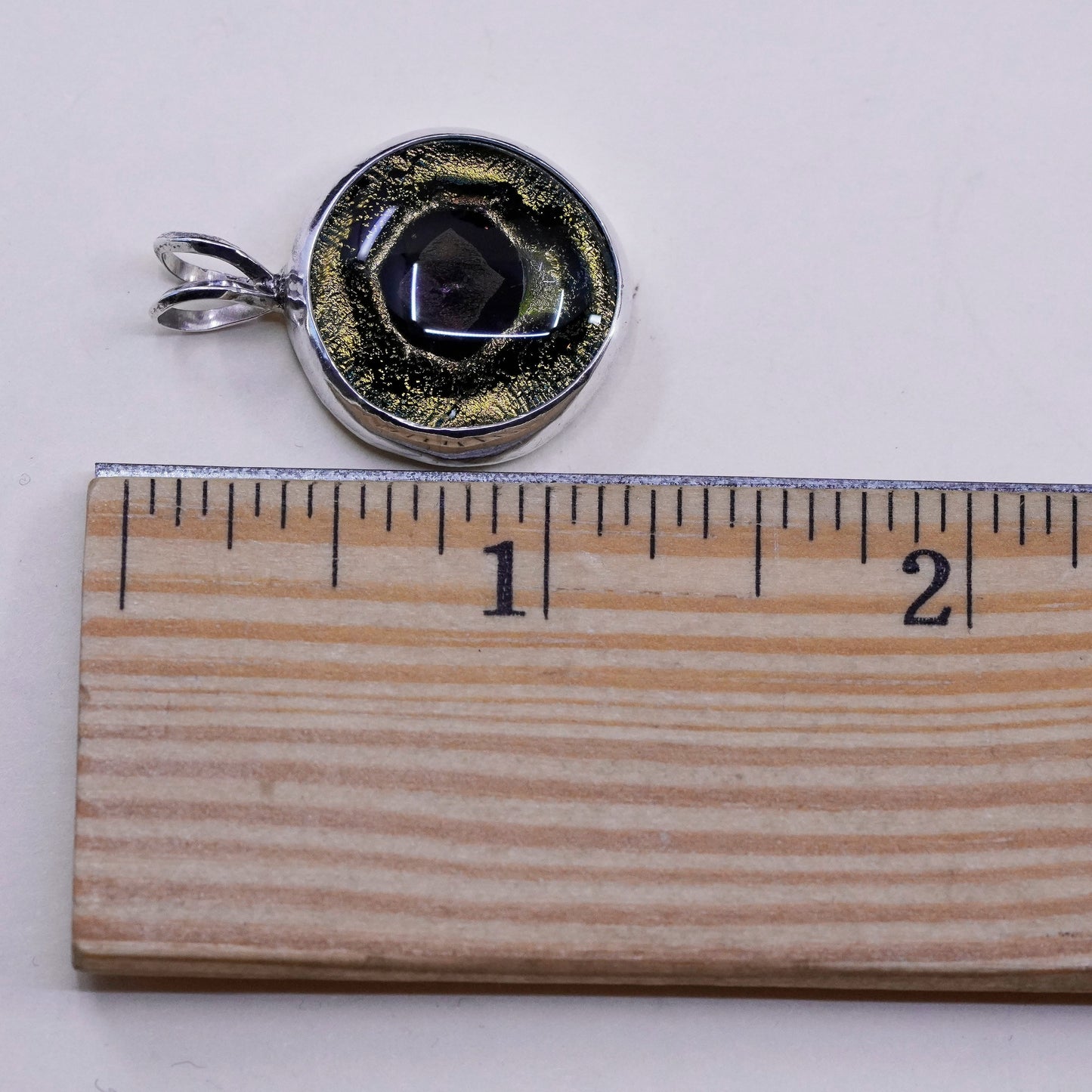 Vintage Sterling 925 silver handmade pendant golden foil glass evil eye, unique