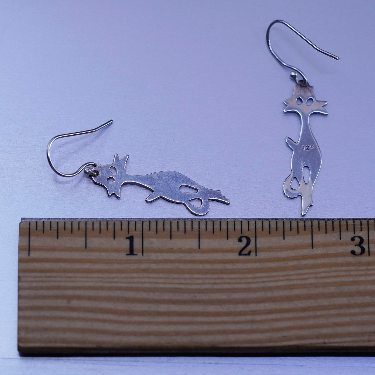 vintage Sterling silver handmade earrings, 925 cat kitty dangles