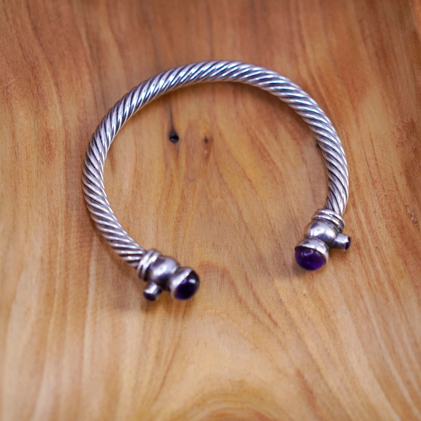 8.5”, vintage Sterling silver handmade bracelet, 925 cable cuff with amethyst