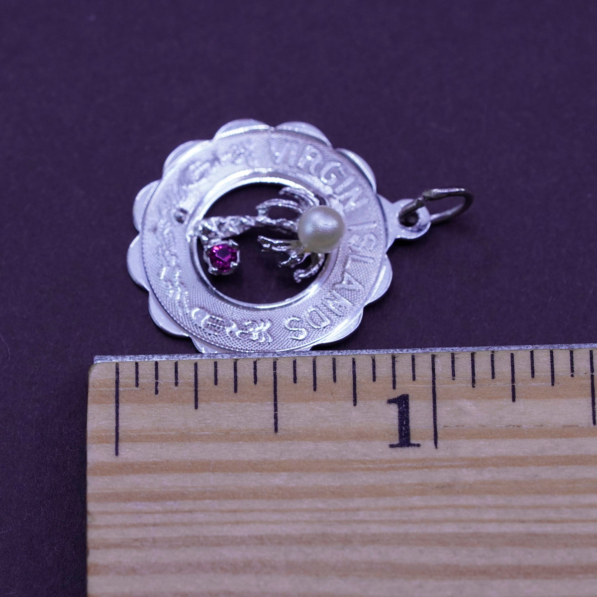 Sterling silver charm, 925 pendant engraved “Virgin Islands” Palm tree pearl