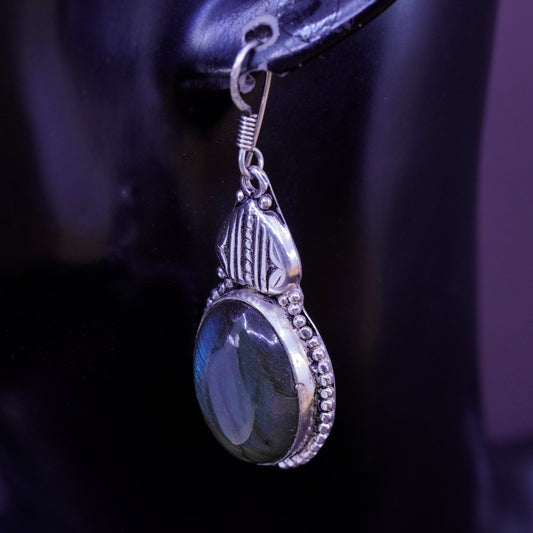 Vintage Sterling 925 silver handmade earrings with oval labradorite and beads
