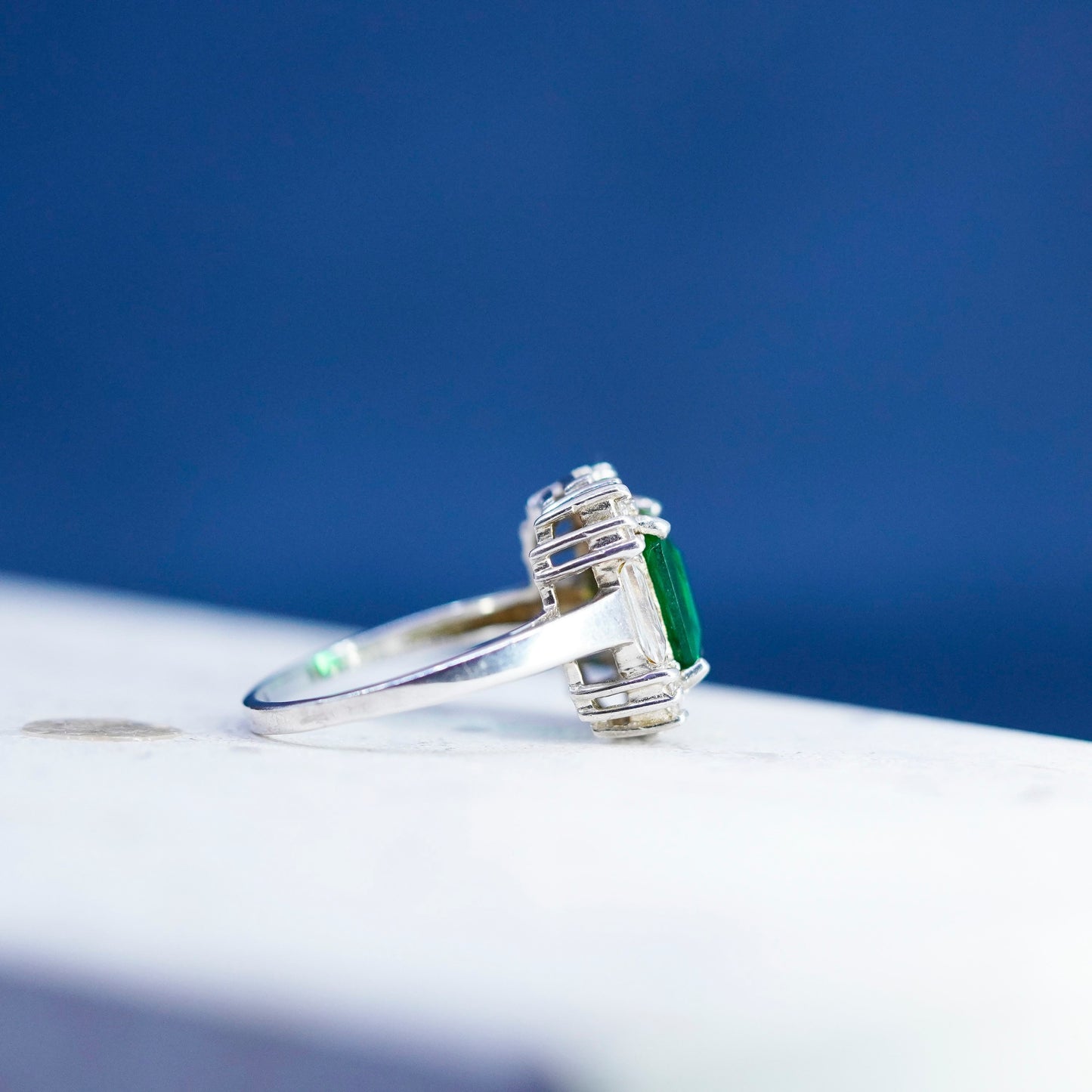 Size 9.25, vintage sterling 925 silver handmade ring with emerald and cz