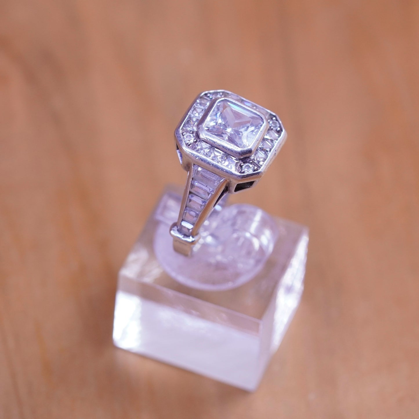 Size 7, vintage Sterling 925 silver engagement ring with cluster cz