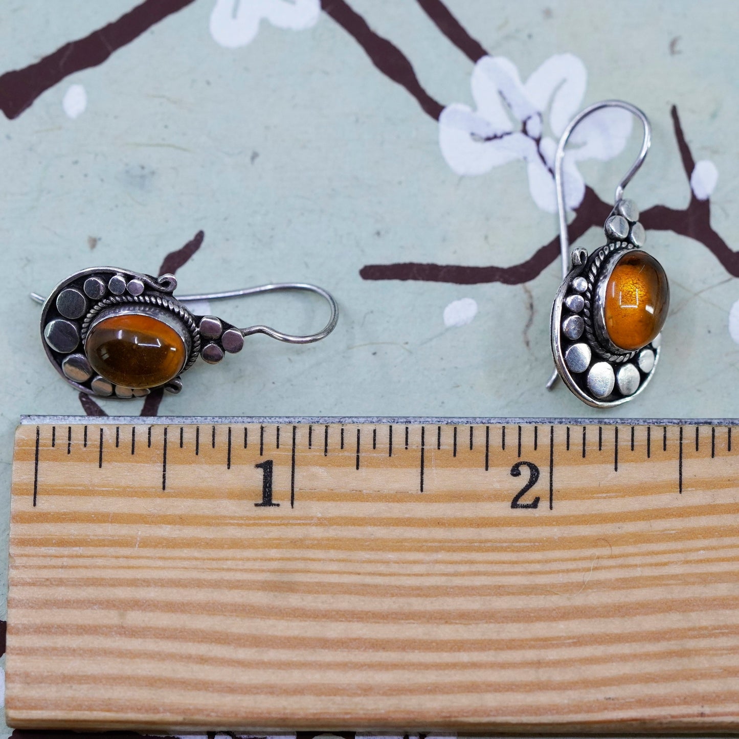 Vintage Sterling 925 silver handmade earrings with amber and beads