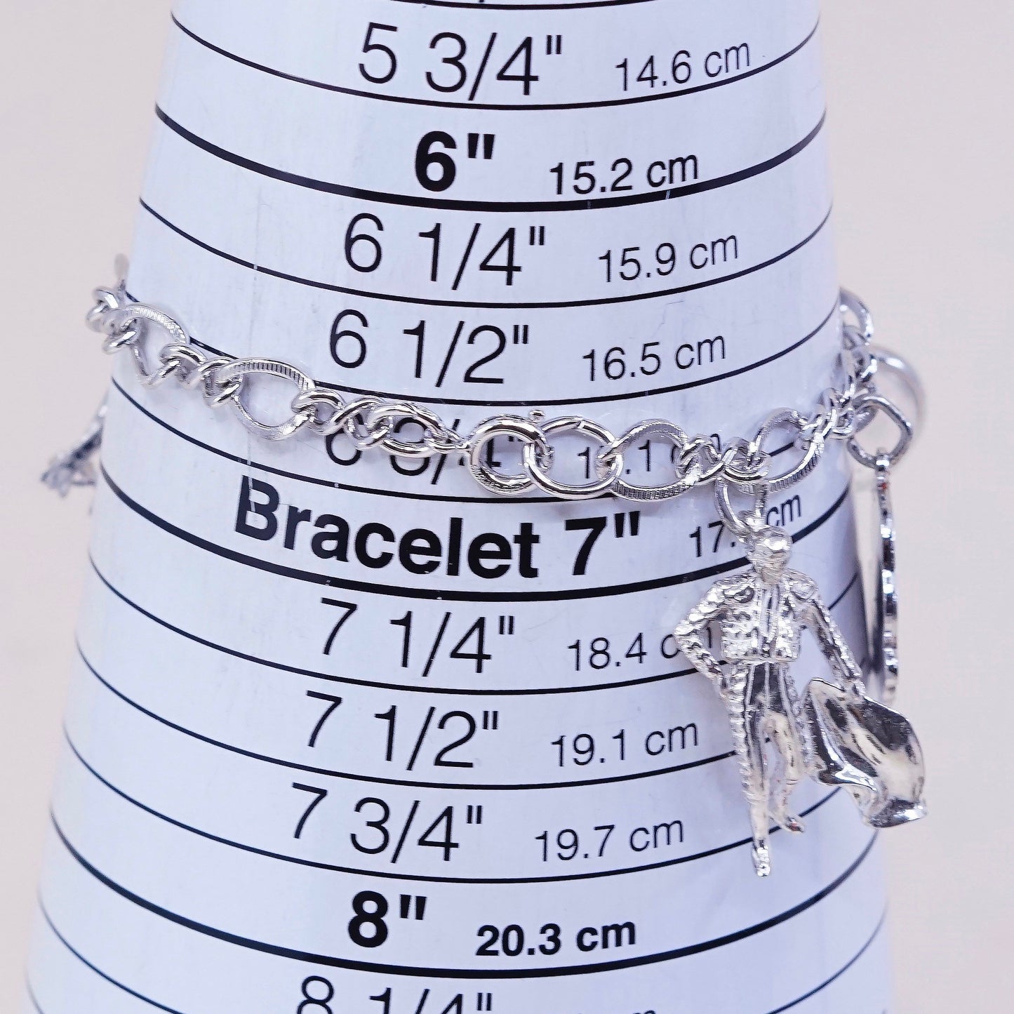 6.75”, vtg sterling 925 silver figaro, handmade bracelet w/ satan, matador, ski