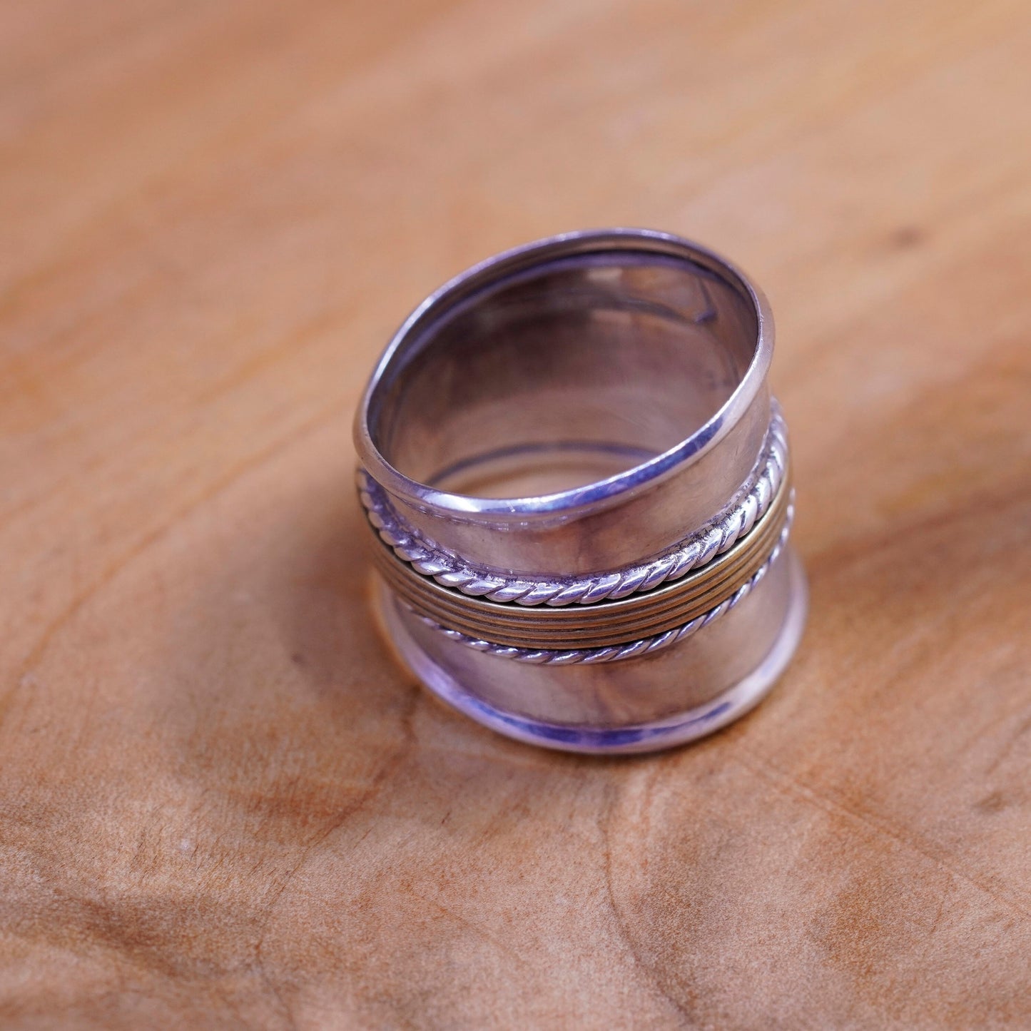 Size 9.5, vintage two tone Sterling silver handmade ring, wide 925 band brass
