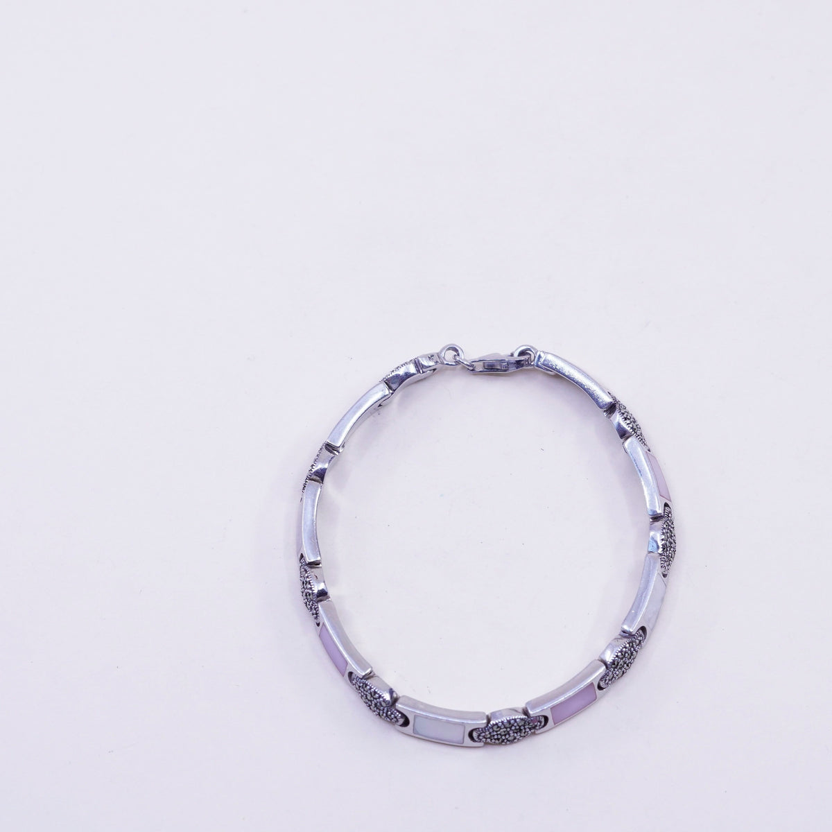 7.5”, sterling 925 silver handmade tennis bracelet mother of pearl marcasite