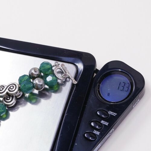 6”, Vtg Sterling Silver Handmade Bracelet, 925 Silver Toggle W/ Green Beads