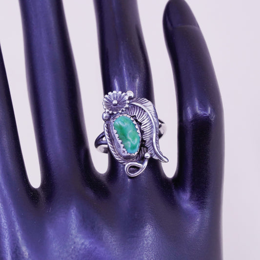 Size 7, sterling silver ring, Native American 925 ring turquoise leaf flower
