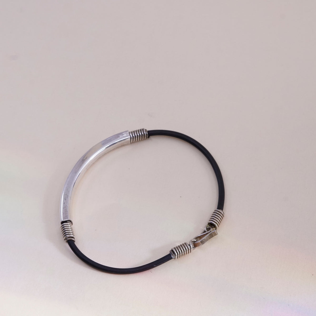 7.25”, Vintage black rubber chain with sterling 925 silver bar,