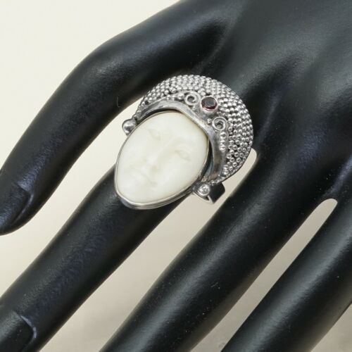 Sz 6.75, Sterling Silver 925 cocktail Ring W/ Cow Bone Bovine Moonface N Ruby