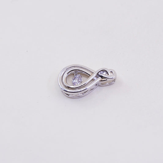 Vintage sterling silver pendant, round cut clear Cz, 925 entwined teardrop