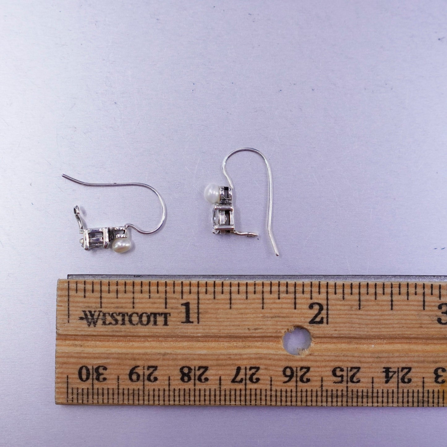 Vintage Sterling 925 silver earrings, dangle with pearl and Cz