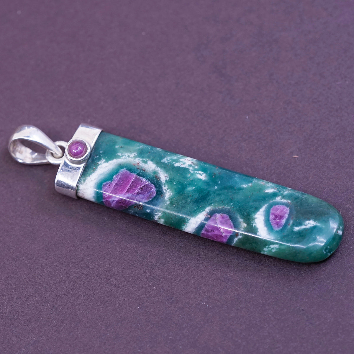 Vintage Sterling 925 silver handmade pendant with long green and purple jade