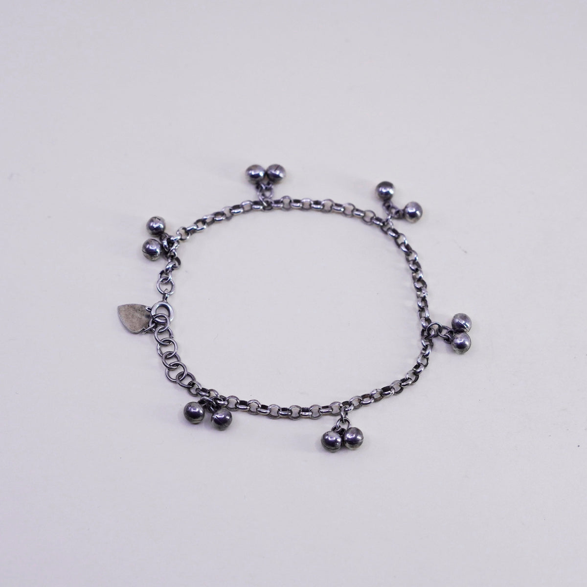 7.75”, Sterling Silver Bracelet, 925 belly dancer chain with chime bell charms