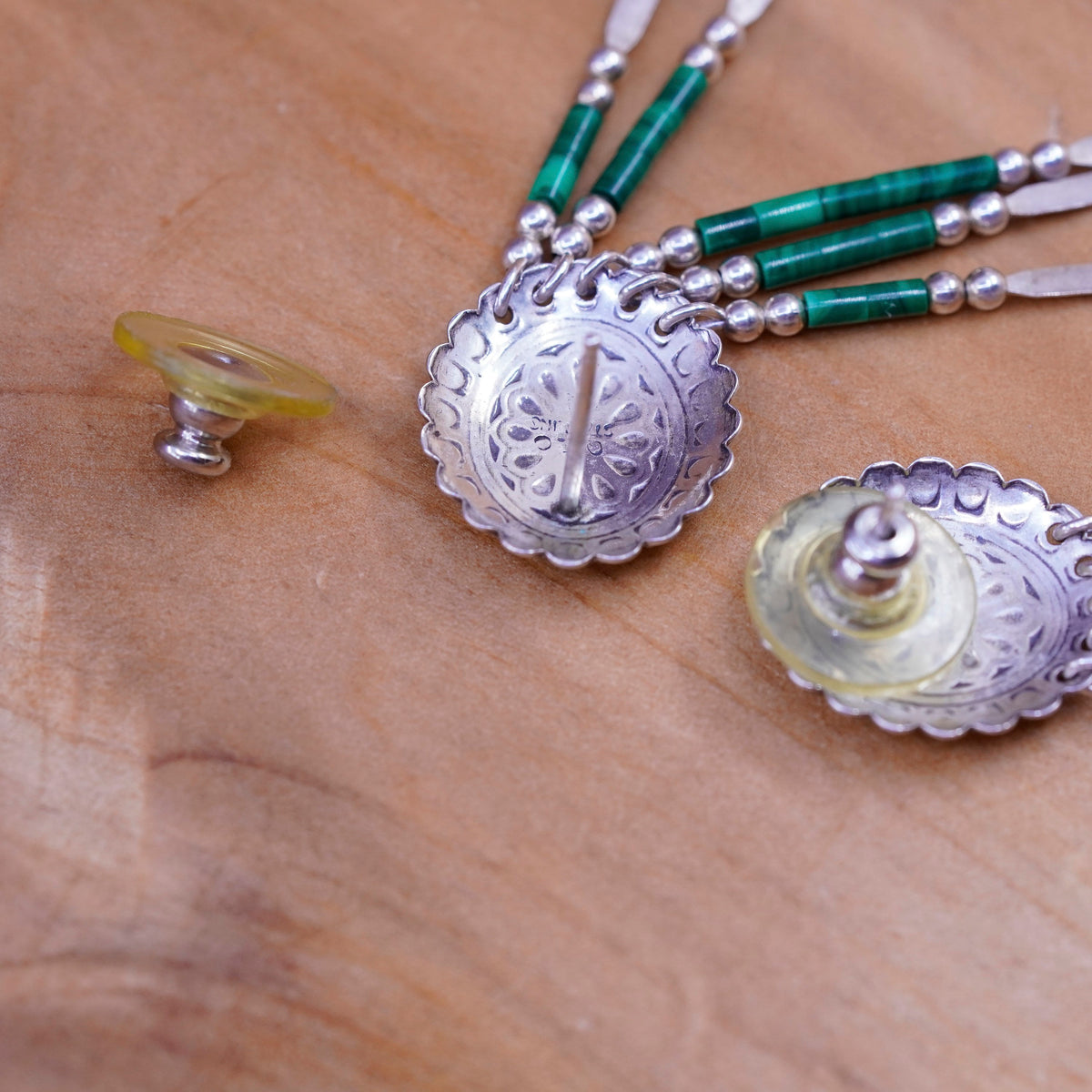 Quoc Turquoise Q.T. Sterling Silver Earrings, 925 studs malachite fringe drops