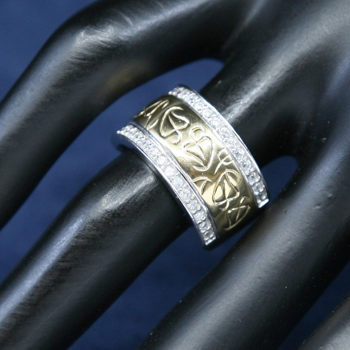 sz 7, vtg two tone sterling 925 silver band ring w/ cluster crystal
