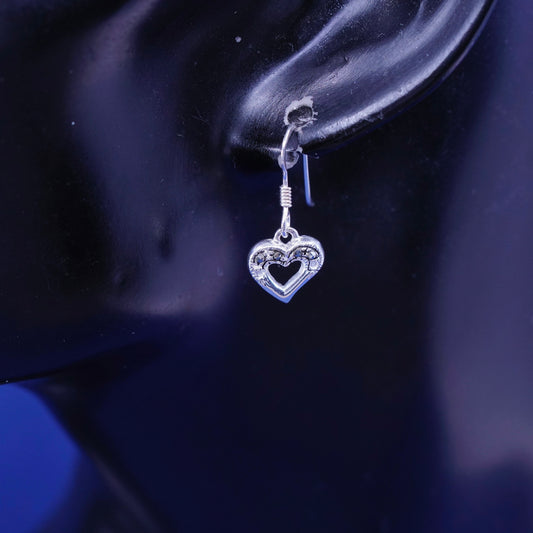 Vintage Sterling 925 silver handmade earrings with heart Dangle and marcasite