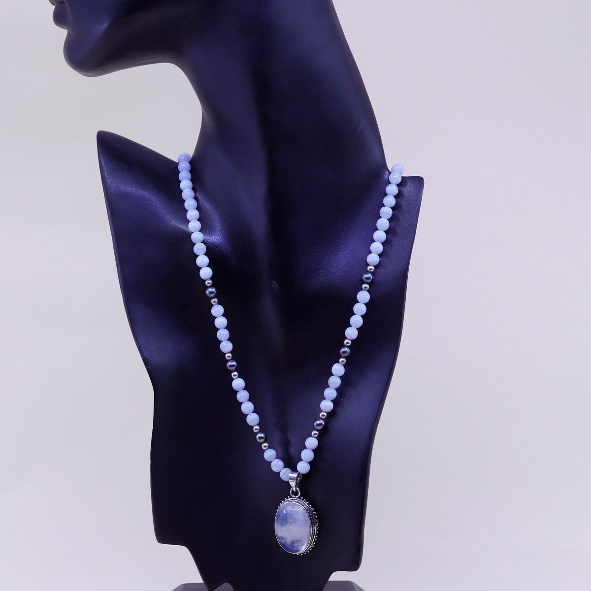 21”, sterling 925 silver necklace lace agate pearl bead chain moonstone pendant