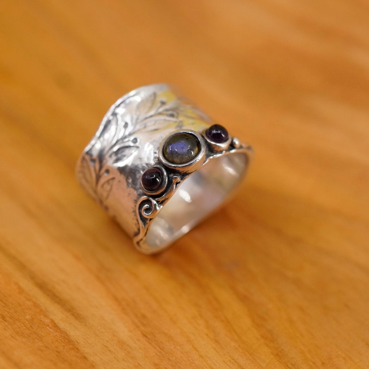 Size 7, Israel Sterling silver ring, 925 statement wide band moonstone amethyst