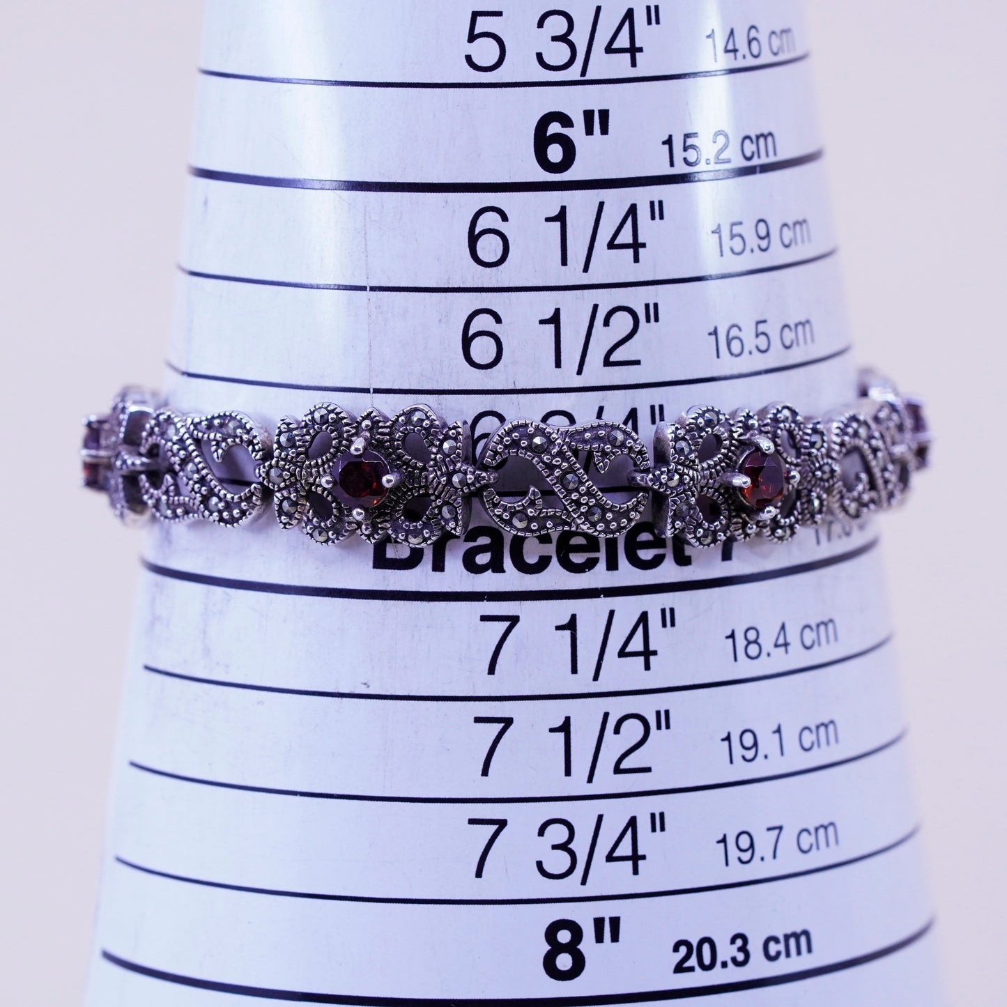 6.75”, Sterling Silver Handmade Bracelet, 925 chain with Marcasite ruby