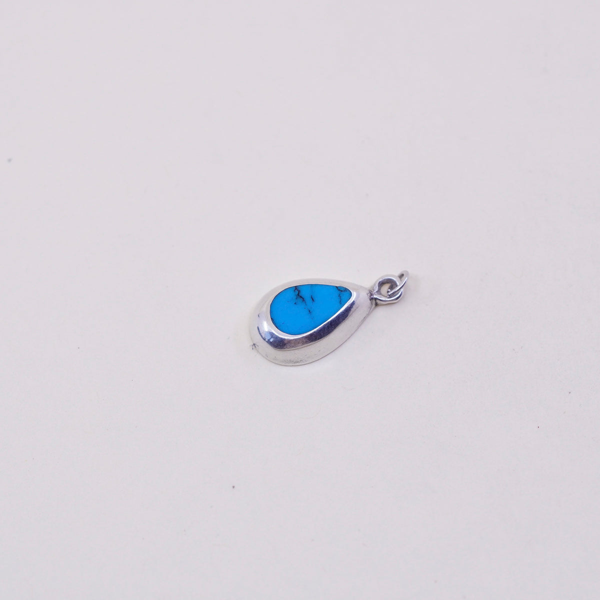 Vintage Sterling silver handmade pendant, 925 teardrop charm with turquoise