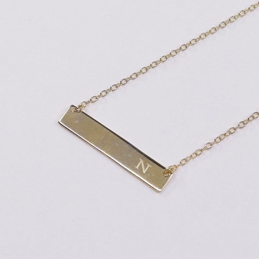 16+2", 1mm, vtg Vermeil gold sterling 925 silver chain w/ bar initial N pendant