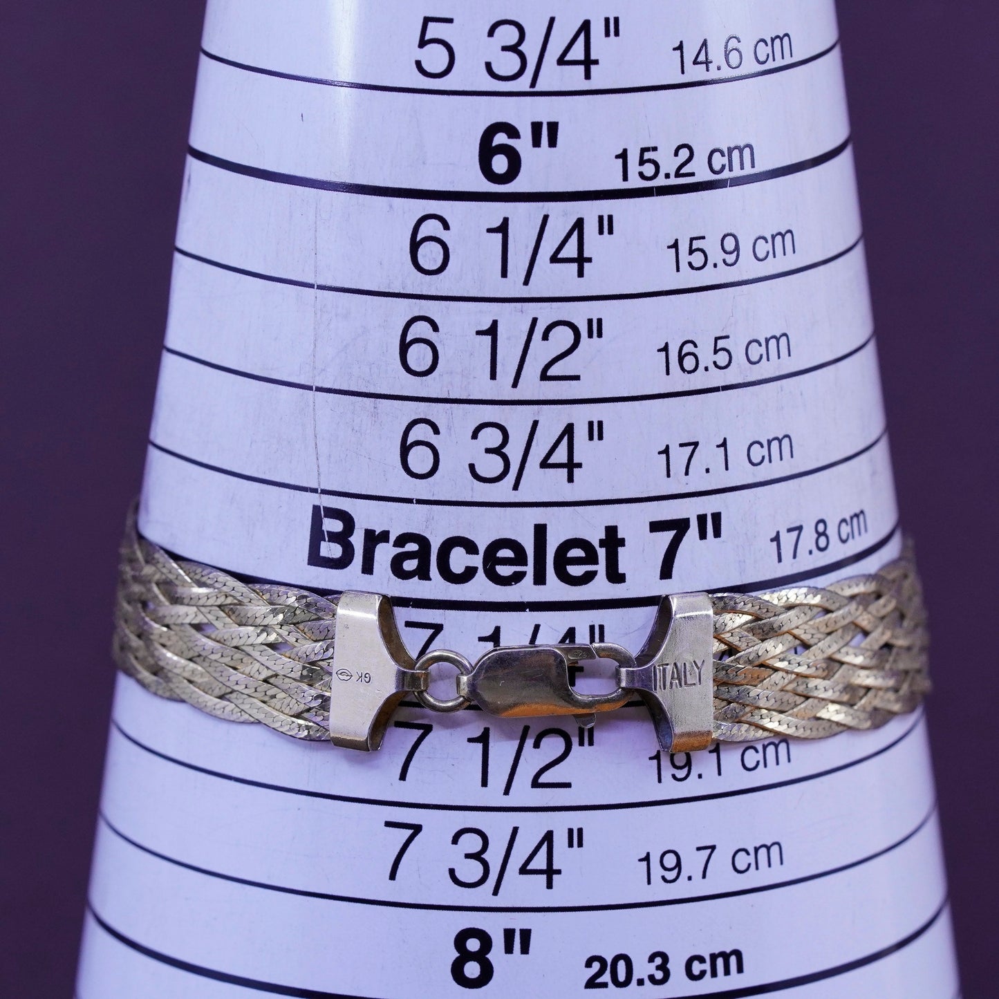 7.25”, Vintage vermeil gold Sterling silver braided woven herringbone bracelet