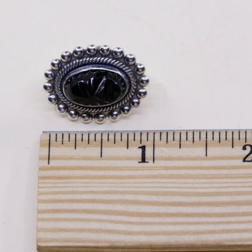 Vtg Sterling 925 Silver Handmade Screw Back Earrings W/ Carved obsidian Warrior