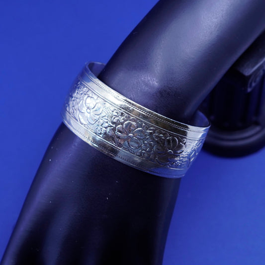 6.25”, danecraft sterling silver handmade bracelet, 925 wide cuff flower floral