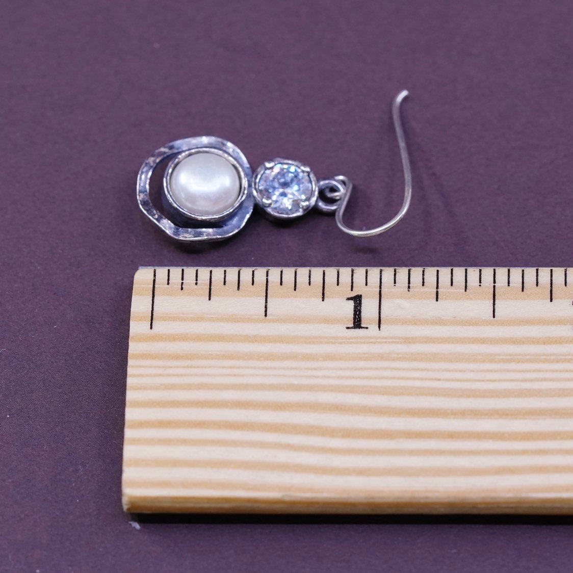 vtg Israel Sterling silver handmade earrings, 925 hoops w/ pearl and cz