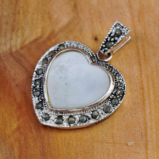 Vintage Sterling 925 Silver Handmade heart Pendant with moonstone and marcasite