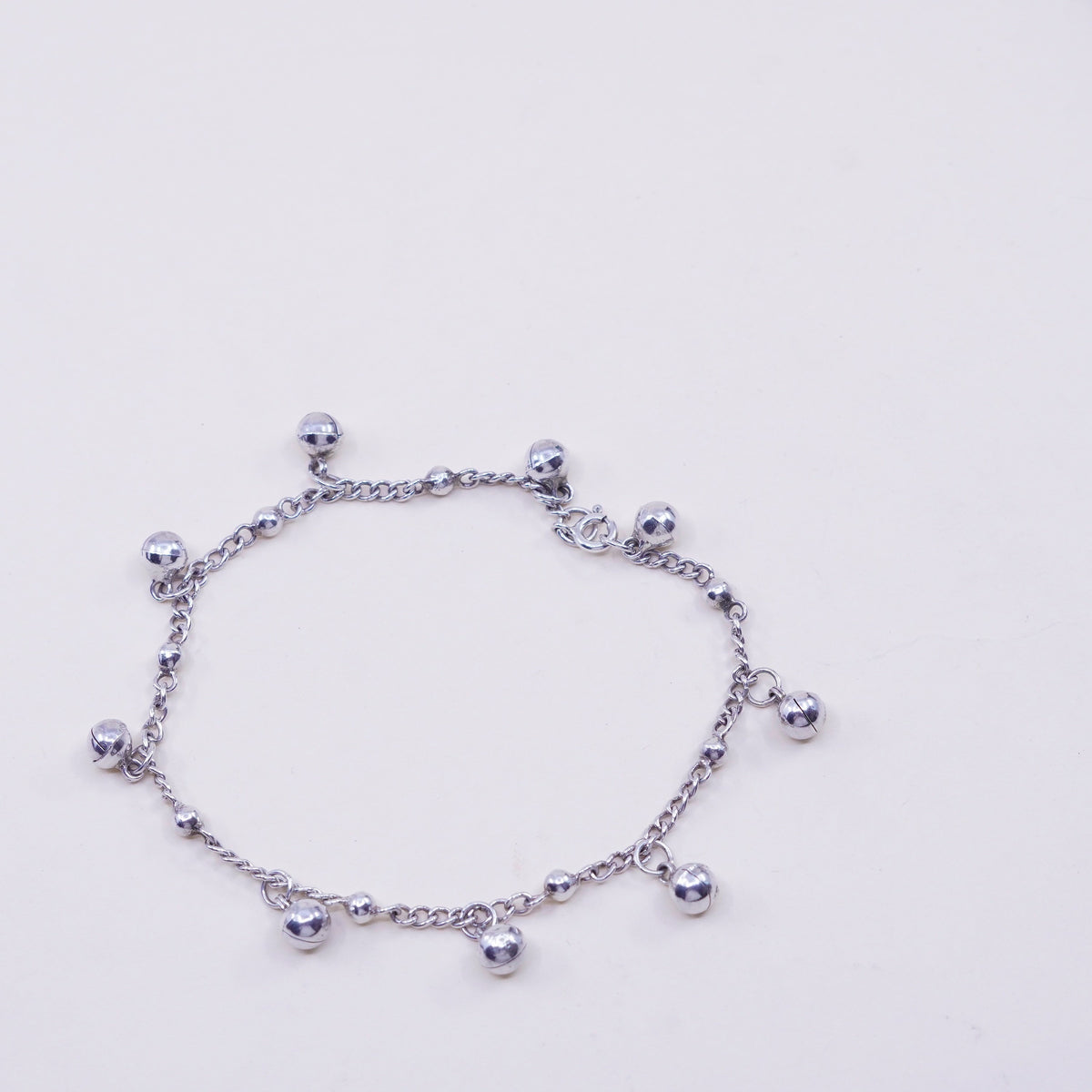 9”, Sterling Silver Bracelet, 925 belly dancer chain anklet chime bell charms