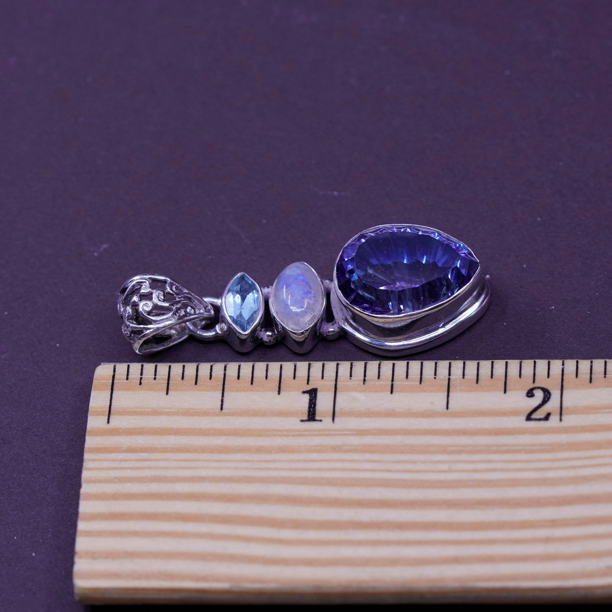 Vintage handmade sterling 925 silver pendant with rainbow topaz moonstone topaz