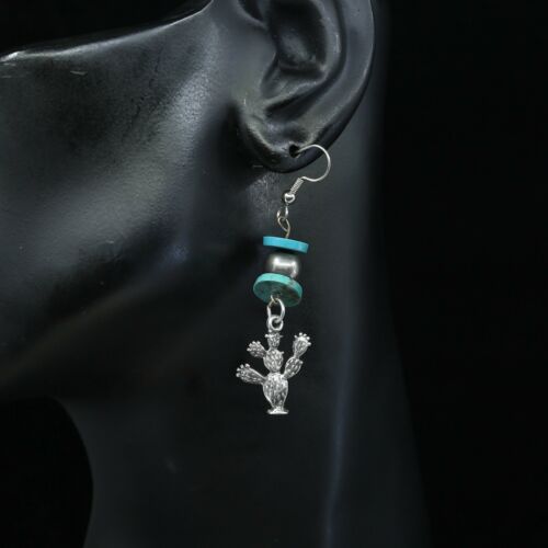 Vtg handmade Sterling 925 Silver earrings W/ Turquoise N Cactus Dangles