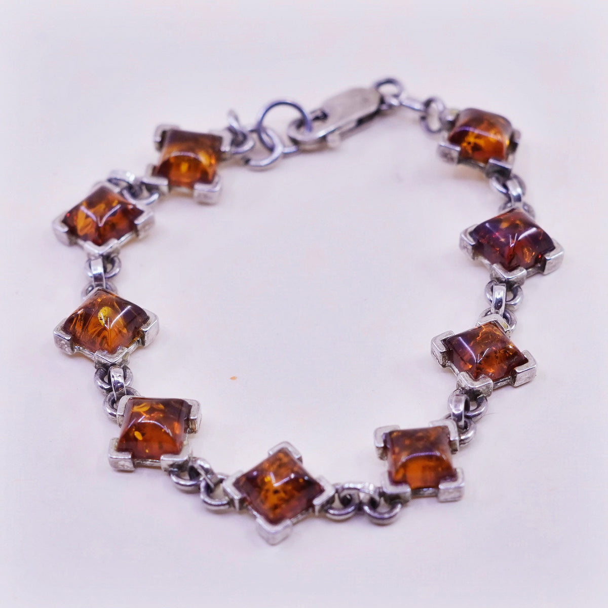 6.5”, Vintage sterling 925 silver handmade tennis bracelet with square amber