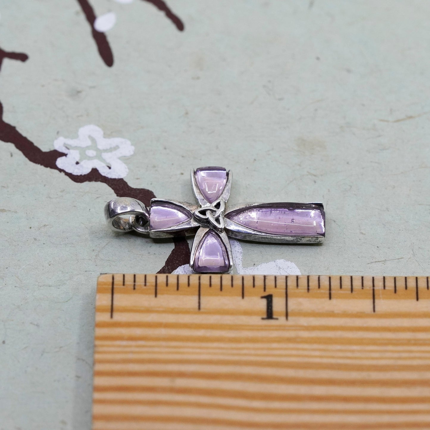 Solvar sterling silver handmade pendant, 925 Irish Celtic cross w/ pink crystal