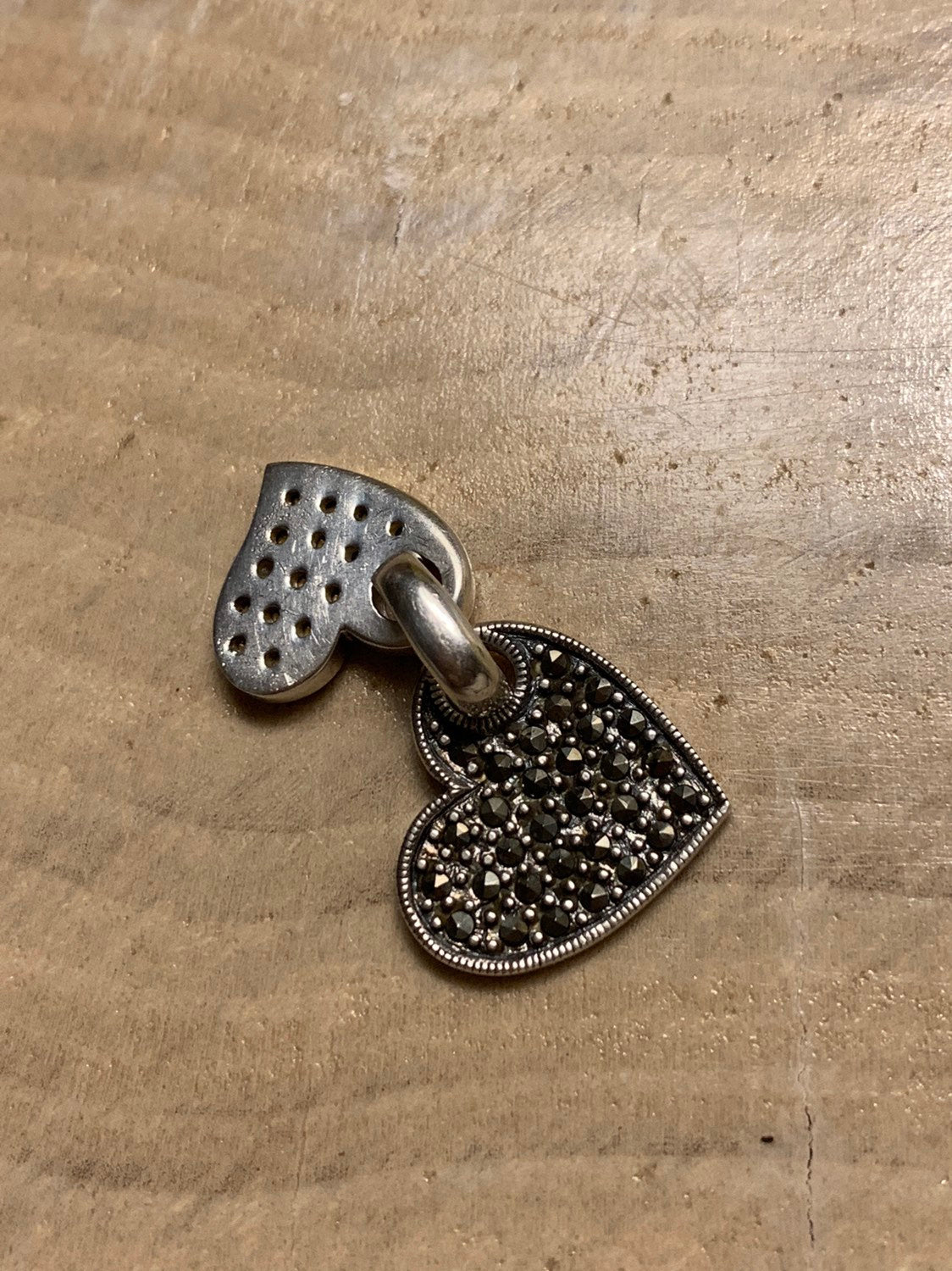 vtg Sterling silver handmade pendant, 925w/ double heart w/ marcasite N crystal