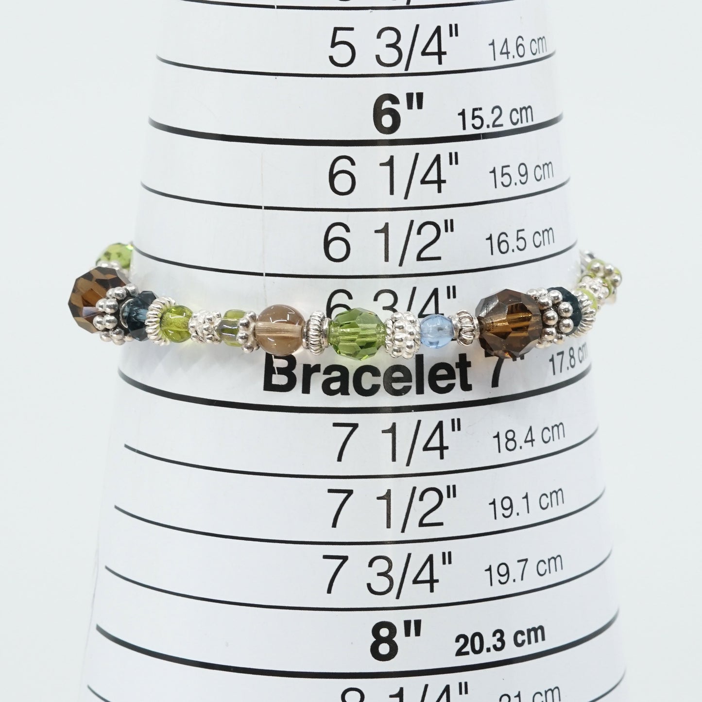 6.75", vtg Sterling silver handmade bracelet, 925 beads n green Swarovski