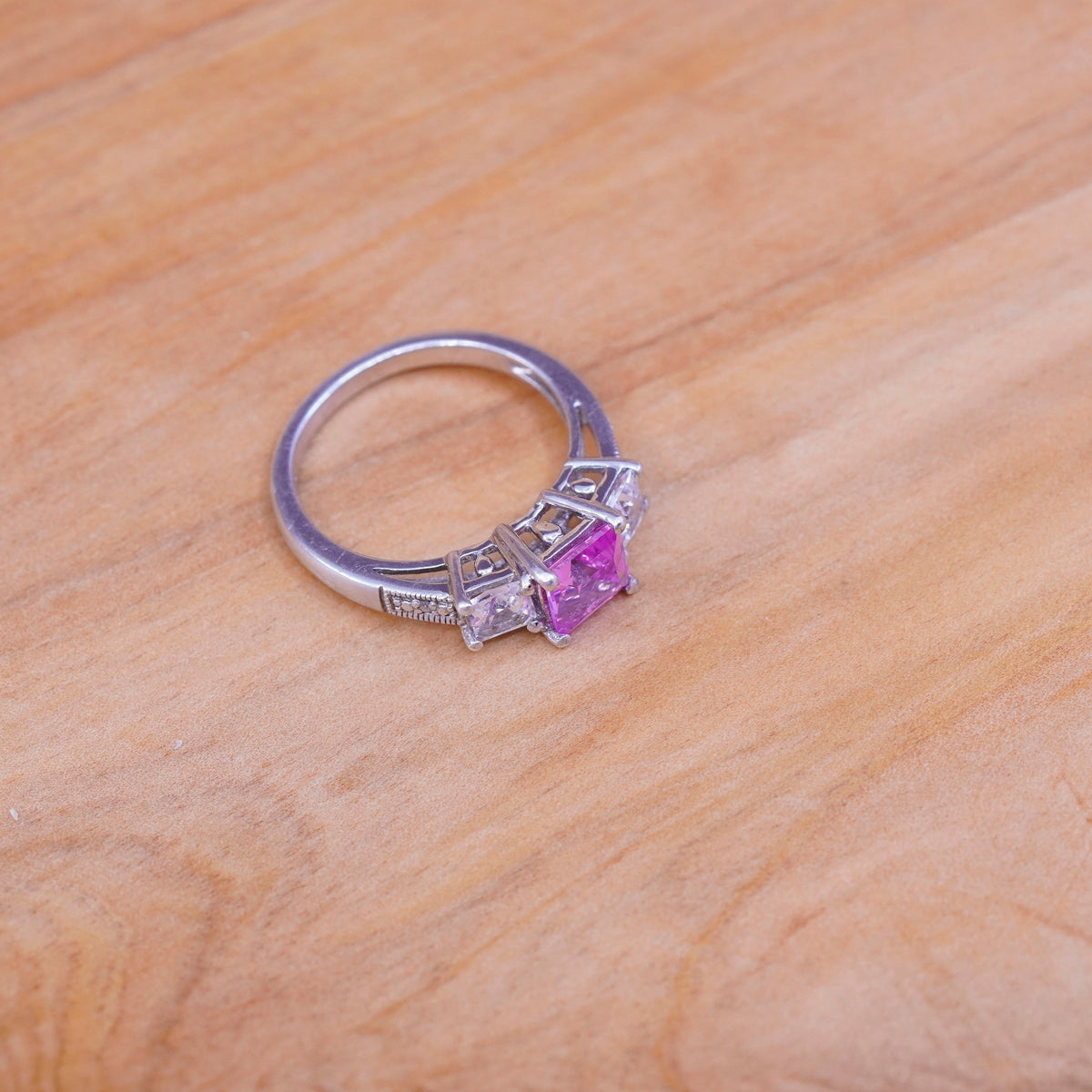 Size 6.5, vintage Sterling 925 silver ring with pink and clear cz
