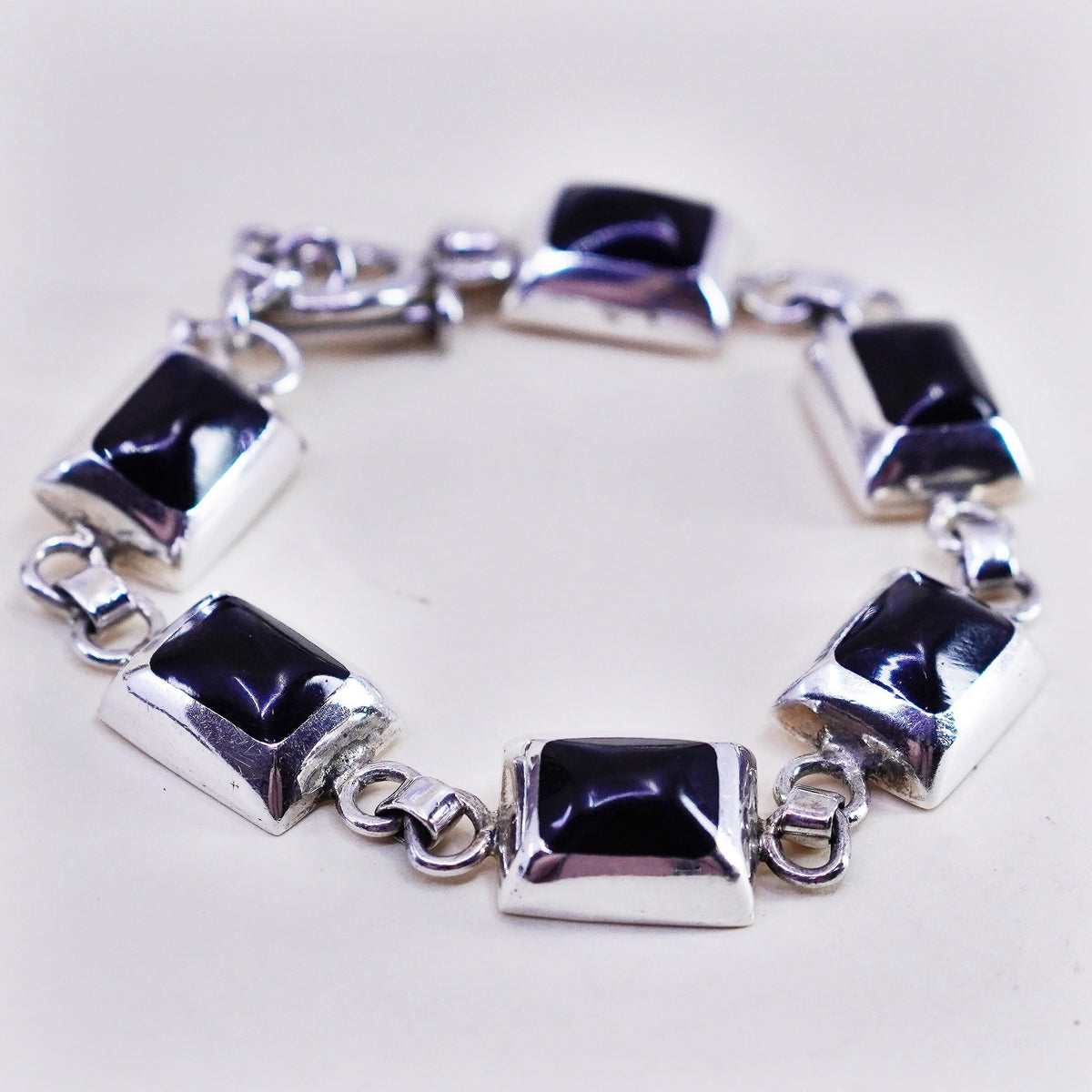 7”, Vintage mexico Sterling 925 silver handmade bracelet with onyx