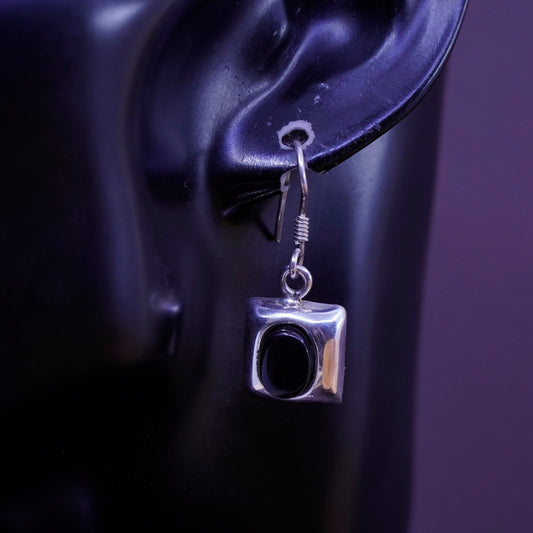 Vintage Sterling 925 silver handmade earrings with oval obsidian inlay