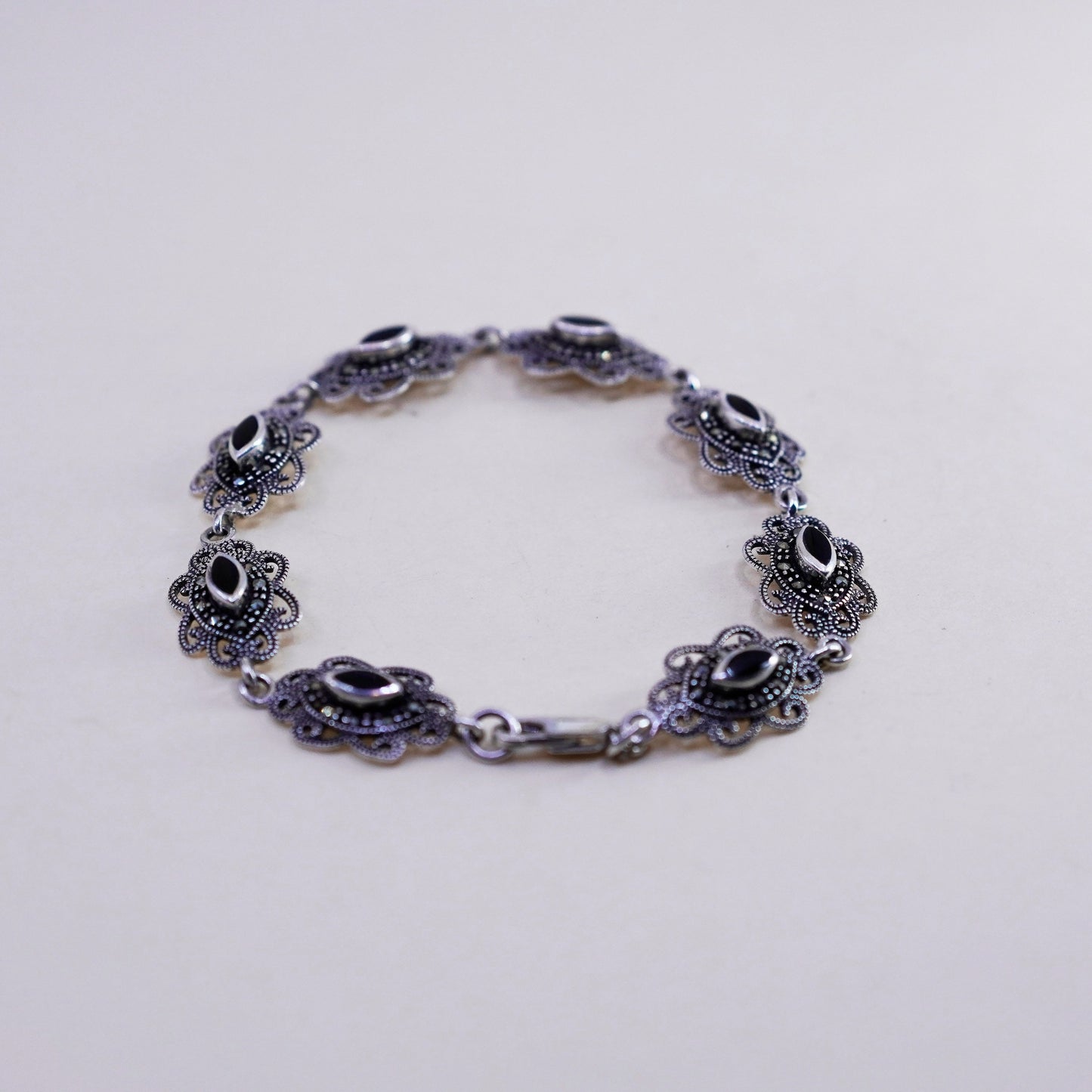 7.5”, sterling 925 silver handmade tennis bracelet w/ obsidian and marcasite