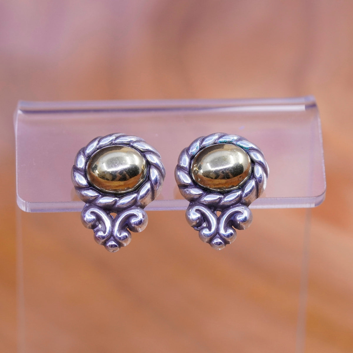 Vintage Brighton B two tone earrings, silver tone cable with brass