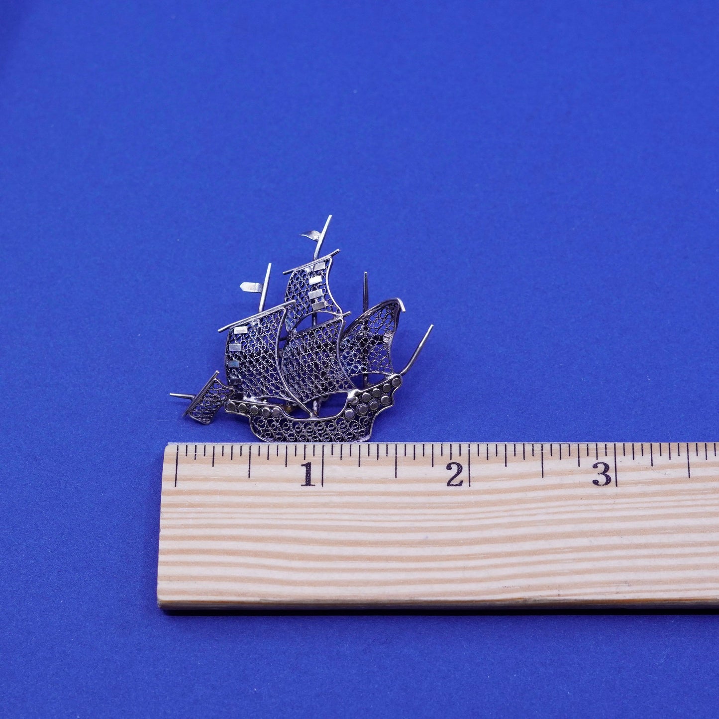 Vintage sterling silver handmade brooch, 800 filigree boat pin