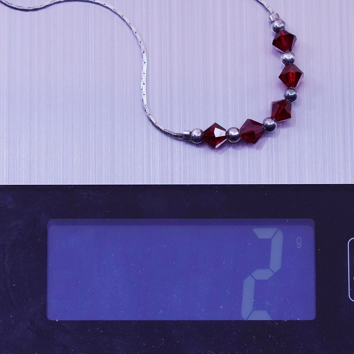 6.75”, Vintage sterling silver snake bracelet, 925 chain with ruby beads