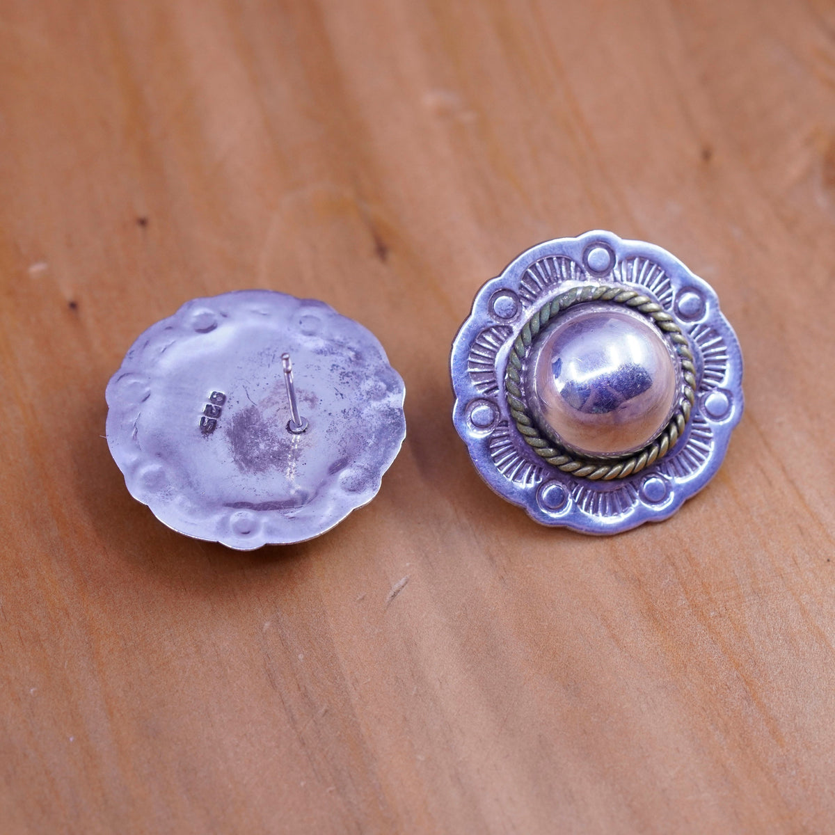 two tone Mexico Sterling silver earrings, 925 flower studs with brass cable