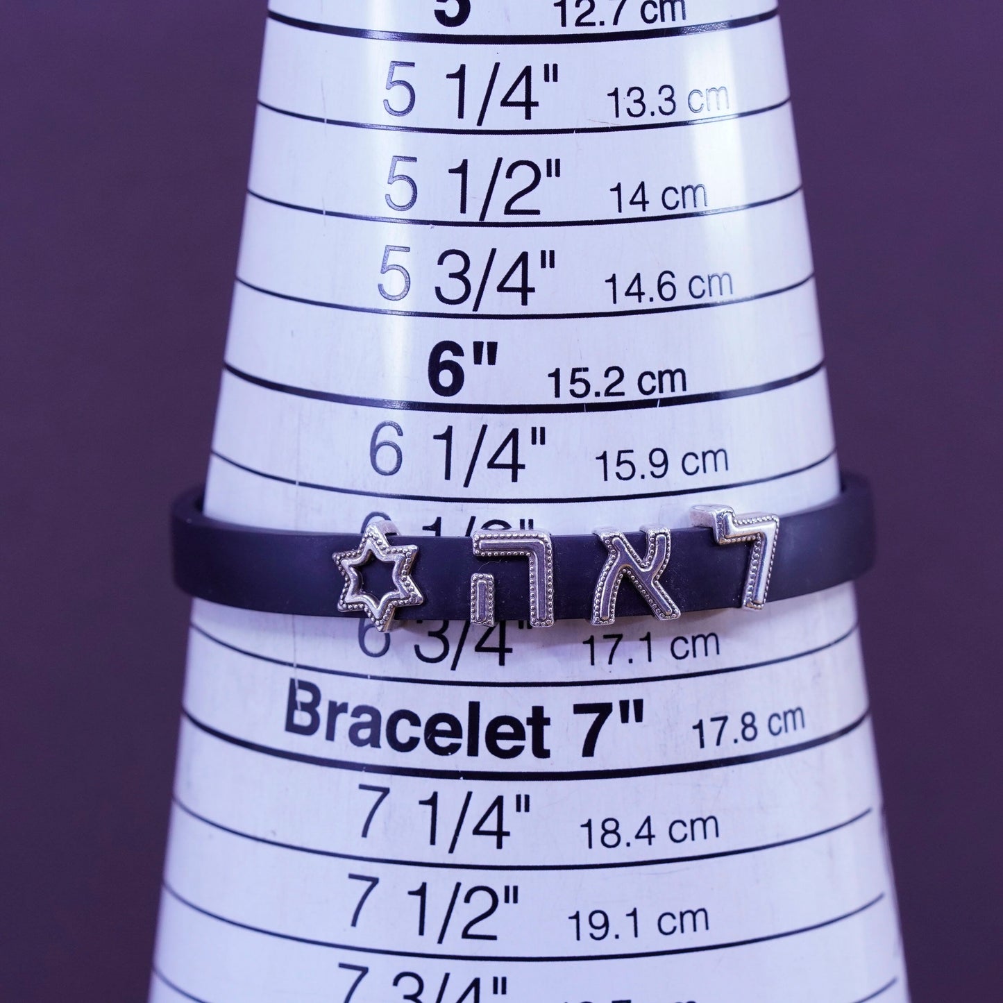 6.5”, vintage black rubber bracelet with sterling 925 silver hexagram charms